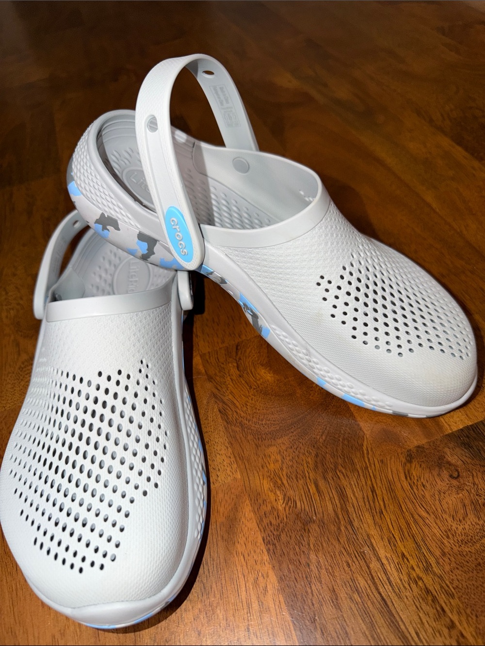 CROCS White Clog Sandals with Light Blue Accents